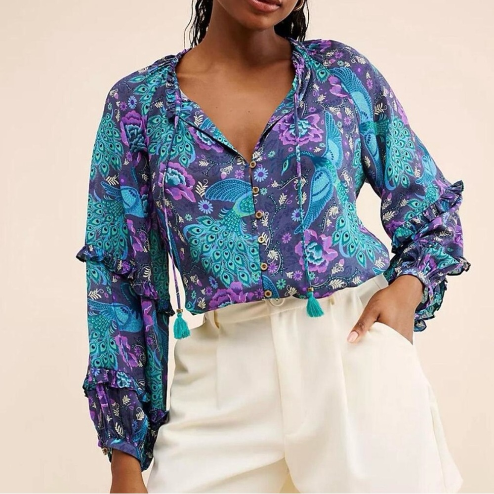 Spell Boheme Blouse Baltic‎ Large Peacock Floral Print Organic Cotton Viscose